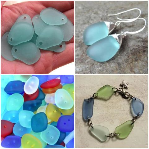 Collage of sea glass pieces, earrings, colorful beads, and a sea glass bracelet for jewelry making with diamond drill bit set.