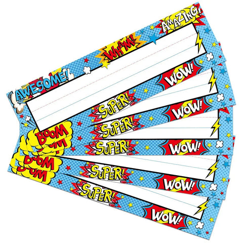 36 Pack Classroom Name Plates For Kids With Large Writing Space featuring comic-style designs with words like "WOW" and "SUPER".