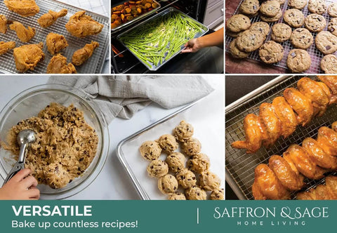 Heavy Duty Aluminum Half Sheet Pan With Stainless Steel Cooling Rack Set, 13x18 Inches, shown baking cookies and chicken.