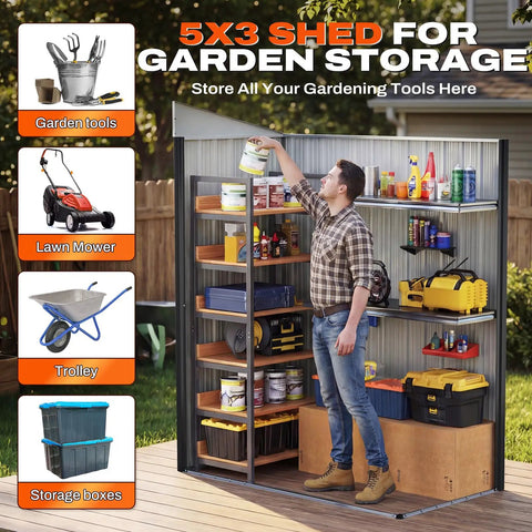 Man organizing tools in a Compact 5X3 Foot Metal Garden Tool Shed That Is Super Handy With 2 Way Sloping Roof And 28 Inch Wide Lockable Door Waterproof Galvanized Steel For Backyard Patio Or Lawn Storage