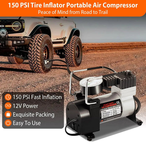 Grab And Go All In One Car Emergency Kit With Air Compressor and Heavy Duty Jumper Cables for roadside safety, shown with 150 PSI inflator.