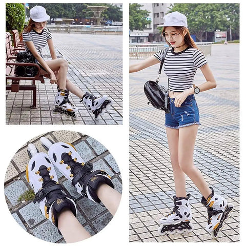 Woman wearing Men Inline Skates With Light Up Four Wheels, Adjustable Roller Blades for Adults, Women and Kids, outdoor fitness
