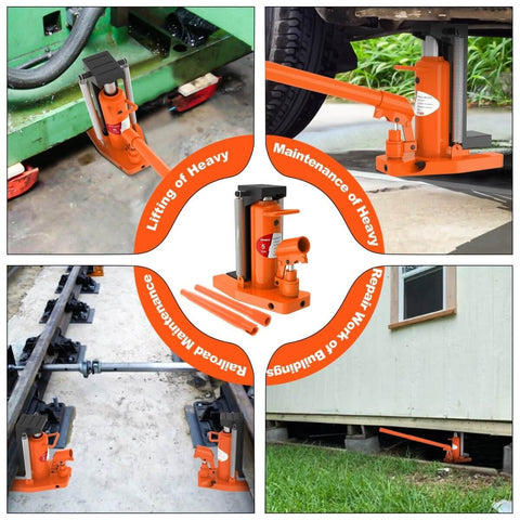 Beefy Heavy Duty Toe Jack 5 Ton And 2.5 Ton Hydraulic Floor Jack For Auto Repair Construction Landscaping And Farm Projects Portable Lift With Seal Kit Easy Carry Handle Compact Design For Quick Emergency Lifts shown in various applications.