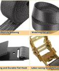 Heavy Duty 4 Pack 2 Inch Ratchet Straps With Durable Flat Hooks For Secure Cargo Tie Downs On Trucks And Flatbeds showing high density weaving and durable flat hook.