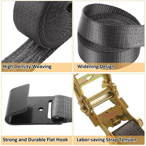 Heavy Duty 4 Pack 2 Inch Ratchet Straps With Durable Flat Hooks For Secure Cargo Tie Downs On Trucks And Flatbeds showing high density weaving and durable flat hook.