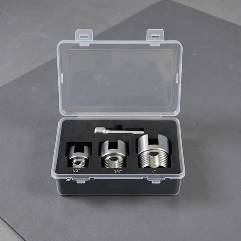 Dual Function Pipe Threading And Tapping Tool For One Half Inch Three Quarter Inch And One Inch Pipes Internal And External Threader Compatible With Electric Drill DIY Ready Home Plumbing Fixes Fast Threading Kit in case with 1/2, 3/4, 1 inch heads