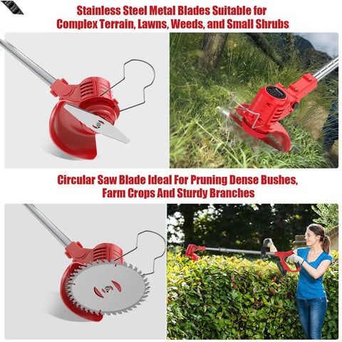 Cordless Weed Eater With Dual 2.0Ah Batteries, 11,000 RPM Power Trimmer, shown with metal blades for terrain and branch pruning
