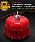 Six Inch Abrasive Filament Nylon Cup Brush With Five Eighth Inch Thread And One Quarter Inch Hex Drill Shank Arbor Coarse Grit Angle Grinder Brush For Truck Bed Liner Surface Prep Sanding Rust And Paint Removal