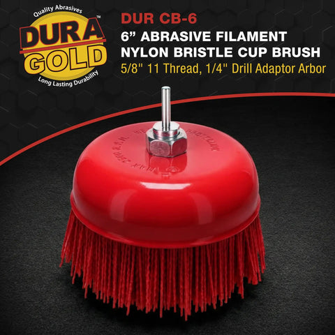 Six Inch Abrasive Filament Nylon Cup Brush With Five Eighth Inch Thread And One Quarter Inch Hex Drill Shank Arbor Coarse Grit Angle Grinder Brush For Truck Bed Liner Surface Prep Sanding Rust And Paint Removal