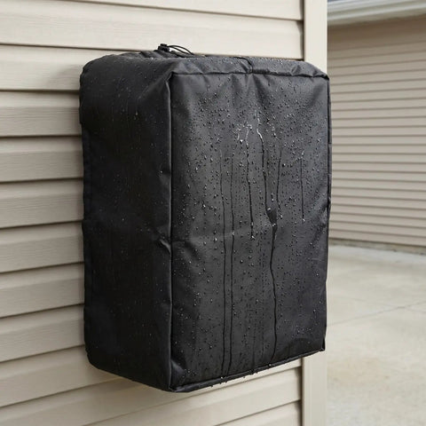 Top Shelf Outdoor Electric Vehicle Charger Cover Built Different With Heavy Duty Waterproof Cloth Shield For Tesla Wall Connector Level Two Port Guard Keeps Your Charge Cable Dry During Slick Rain Mess on a mounted wall with rain droplets.