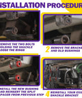 Club Car DS leaf spring bushing kit with red polyurethane bushings and sleeves; installation steps graphic
