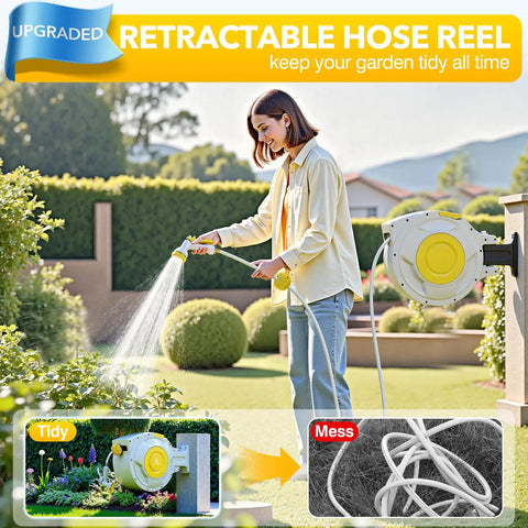 Woman using Retractable Garden Hose Reel With Wall Mount, Heavy Duty Five Eighth Inch Hybrid Hose, Lock At Any Length on lawn
