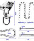Heavy Duty Hammock Hanging Kit components with 39 inch swing chain, ceiling hook, carabiners, screws, 1000 lb capacity.