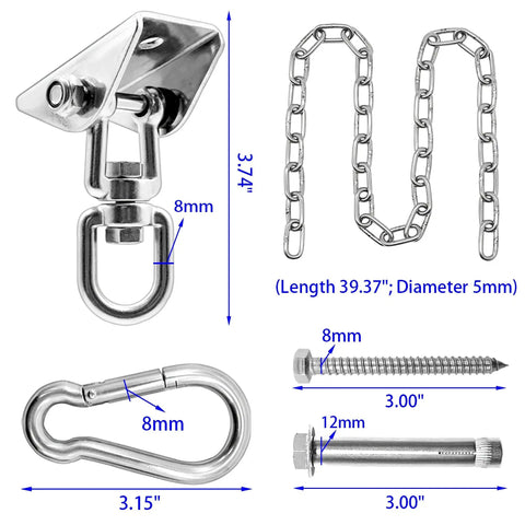 Heavy Duty Hammock Hanging Kit components with 39 inch swing chain, ceiling hook, carabiners, screws, 1000 lb capacity.