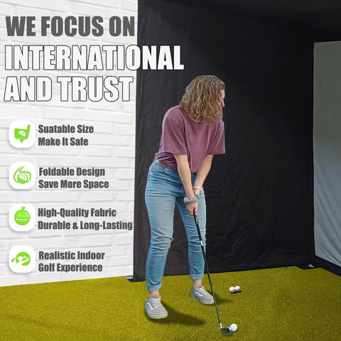 Person practicing golf swing indoors with Foldable Golf Enclosure Kit For Home Use With Easy Setup And Space Saving Indoor Golf Simulator.