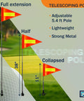 Orange Golf Cart Safety Flag Kit with 8x12 inch flag and 5 ft 4 in telescoping pole showing full, half, and collapsed views.