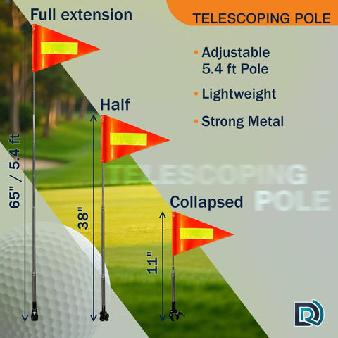 Orange Golf Cart Safety Flag Kit with 8x12 inch flag and 5 ft 4 in telescoping pole showing full, half, and collapsed views.
