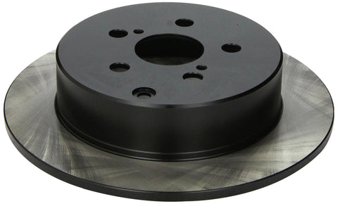 Rear brake rotor; angled top view showing black hub and brushed steel rotor disk