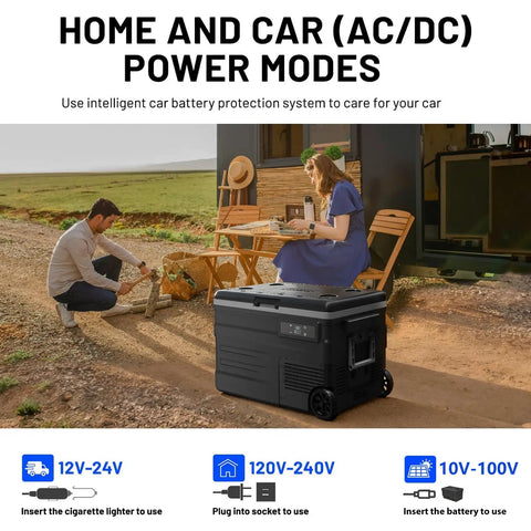 Dual Zone Portable Fridge And Freezer With Heavy Duty Wheels, 42Quart Electric Cooler, AC/DC power modes demonstrated outdoors.