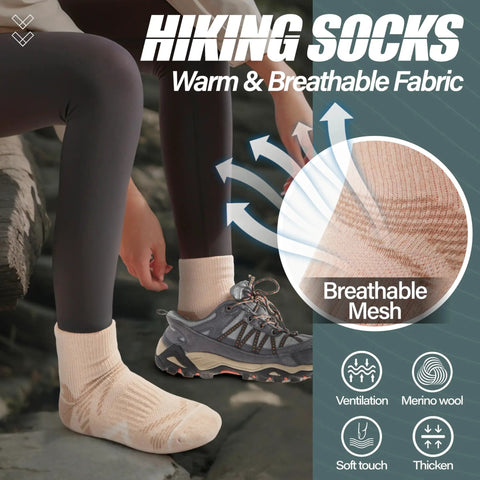 Person wearing Merino Wool Quarter Ankle Hiking Running Socks With Thermal Warmth And Cushioned Comfort Super Cozy Breathable Mesh.