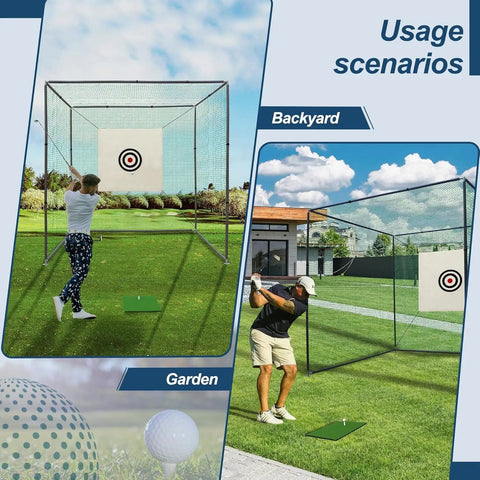 Person using 10x10x10Ft Golf Practice Net Cage with Metal Frame in backyard and garden settings, showcasing golf swing practice.