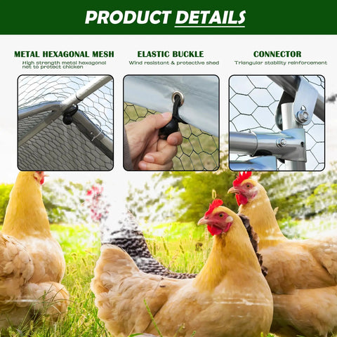 Heavy-Duty Metal Chicken Coop With Round Top Spire Roof And Tri-Support Wire Mesh Run Water-Resistant Cover UV Protective Outdoor Pen details
