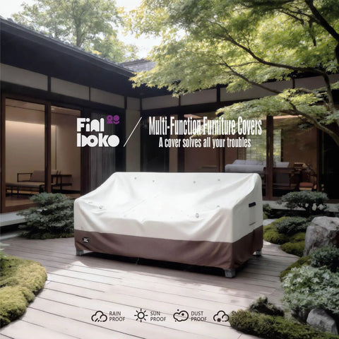 3-Seater Outdoor Sofa Cover Waterproof Heavy Duty Patio Furniture Cover All Weather Protection, beige-brown, on patio.