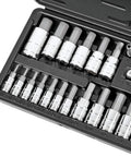 Tamper-Proof Hex Socket Set With 28 Allen Bits, SAE And Metric Sizes From 5/64 In To 9/16 In And 2mm To 14mm, S2 Steel CrV Sockets In 1/4 3/8 1/2 In Drive, Pro-Grade Case For Public Infrastructure And Automotive Use in open case