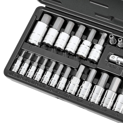 Tamper-Proof Hex Socket Set With 28 Allen Bits, SAE And Metric Sizes From 5/64 In To 9/16 In And 2mm To 14mm, S2 Steel CrV Sockets In 1/4 3/8 1/2 In Drive, Pro-Grade Case For Public Infrastructure And Automotive Use in open case