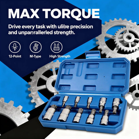 Ten Piece Spline Socket Bit Set For M4 To M18 With M-Type 12 Point Polydrive Drive Sockets in blue case, gears in background