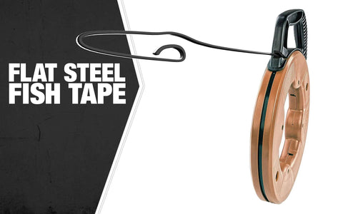 Solid 25 Foot Fish Tape With Beefy 1/8 Inch Tempered Spring Steel, flat steel tape, reel and handle design for electricians.