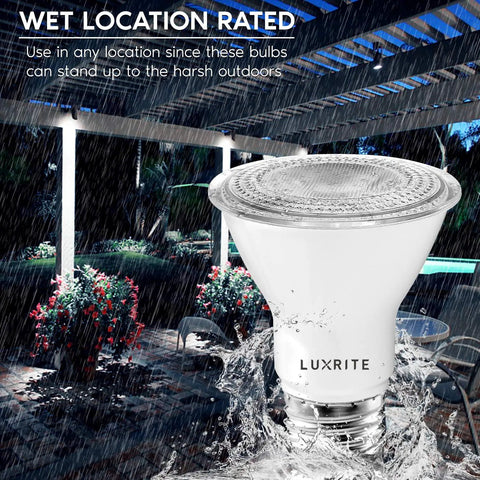 4 Pack PAR20 LED Bulbs 50W Equivalent 5000K Bright White Dimmable Spotlight Bulbs for indoor and outdoor use, showing wet rated feature.