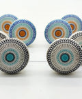 Pack Of Eight Vibrant Mandala Ceramic Cupboard Knobs 40mm Drawer Pulls With Washers for stylish furniture upgrade, featuring detailed mandala designs.
