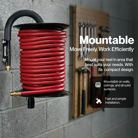 Mounted Retractable Air Hose Reel With Hand Crank 3/8 Inch FNPT 100 Feet on wall, steel frame, tools in background