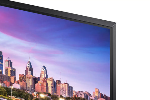 Close-up of the ultra thin bezel of a 24 Inch IPS Monitor With 1920x1200 WUXGA, 75Hz, showing city skyline.