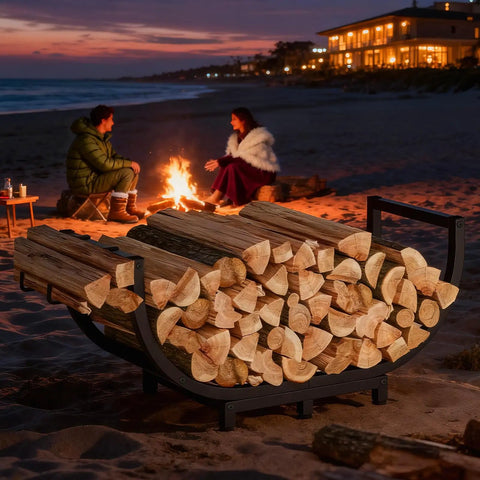 Sturdy Steel Firewood Rack For Indoor And Outdoor Use 32 Inch Log Holder with logs on a beach at sunset, people near a fire