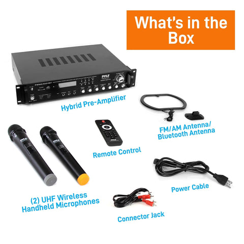 Box contents of Bluetooth Multi Channel Hybrid Pre Amplifier System With 3000W Power Home Audio Rack Mount Stereo Receiver