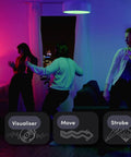 People dancing in a room lit by A19 Smart LED Light Bulb With 1100 Lumens, Billions Of Colors And Tunable White From 1500K To 9000K