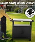 Outdoor Grill Cart With Stainless Steel Tabletop And Storage Cabinet Movable Kitchen Island On Wheels For BBQ Prep Durable Black Portable Outdoor Kitchen Cart For Patio Garden And Backyard Grilling in use