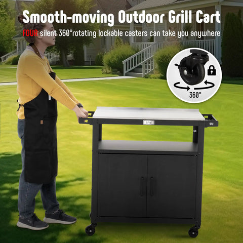 Outdoor Grill Cart With Stainless Steel Tabletop And Storage Cabinet Movable Kitchen Island On Wheels For BBQ Prep Durable Black Portable Outdoor Kitchen Cart For Patio Garden And Backyard Grilling in use