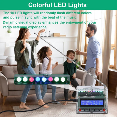 Family enjoying DIY FM Radio Kit With LED Pulse Lights And LCD Display 87 To 108 MHz Soldering Practice Project For Back To School