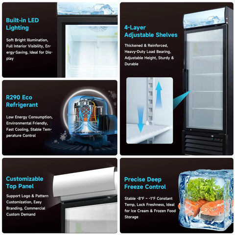 Heavy Duty Commercial Display Freezer Upright Single Glass Door Merchandiser features LED lighting, adjustable shelves, and eco-friendly refrigerant.