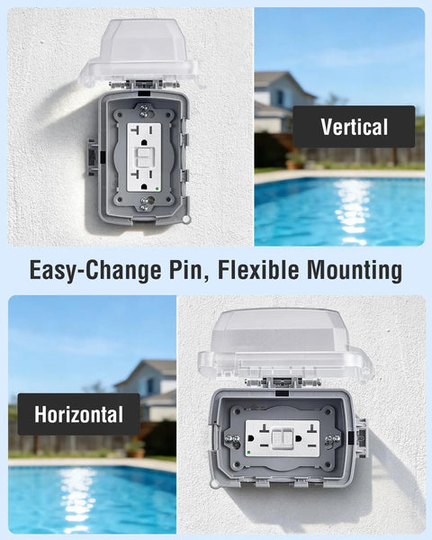 1-Gang Outdoor GFCI Outlet Kit With Weatherproof Cover And Junction Box, 20 Amp GFCI Receptacle, mounted vertically and horizontally near a pool, grey
