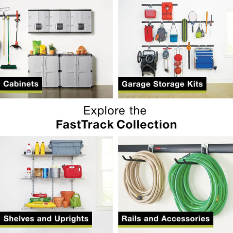 Collage showcasing FastTrack Garage Wall Mounted Storage Kit With Four Rails And Eleven Hooks and other storage solutions