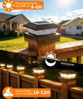 Super Sleek 4x4 Solar Post Cap Lights 12 Pack For Fences And Decks on wooden posts, showing solar charging and night illumination features.