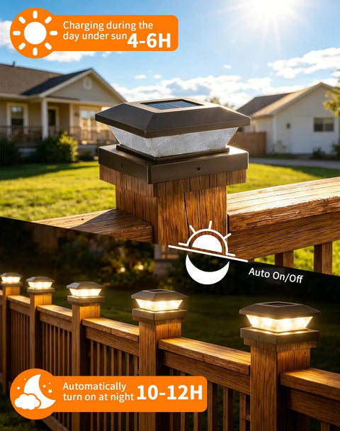 Super Sleek 4x4 Solar Post Cap Lights 12 Pack For Fences And Decks on wooden posts, showing solar charging and night illumination features.