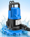 One HP Automatic Pool Cover Pump With 5000 GPH Submersible Water Removal, in water splashes, showing check valve and handle