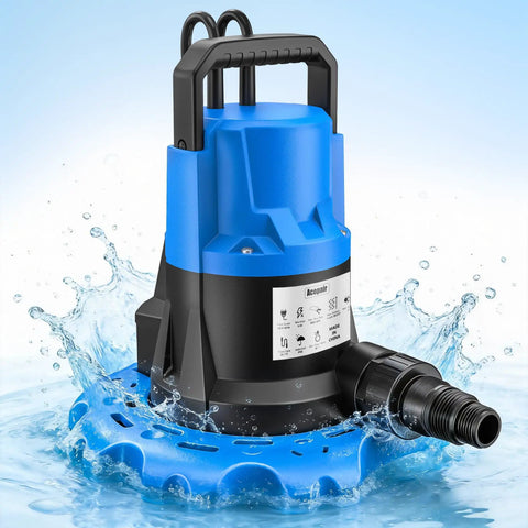One HP Automatic Pool Cover Pump With 5000 GPH Submersible Water Removal, in water splashes, showing check valve and handle