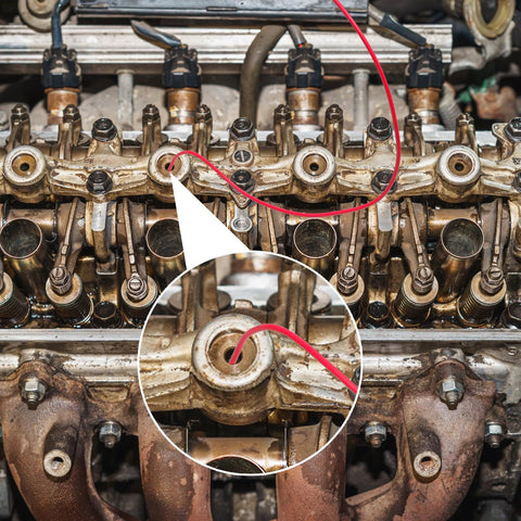 VASTOOLS thin flexible magnetic pickup tool with red cord; close-up inset shows insertion into engine valve cover