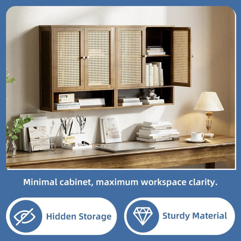 Rattan And Bamboo Bathroom Wall Cabinet With Doors And Shelves For Over Toilet Space Saving Hanging Storage Organizer In Walnut Finish